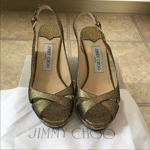Jimmy Choo gold ‘Amely’ cork wedges (Size 6.5)